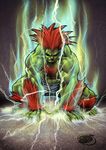  abs all_fours blanka chest_hair electricity green_skin long_hair male_focus muscle orange_hair shaded_face shorts solo spiked_hair squatting street_fighter wakabee 