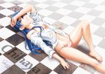  absurdres barefoot blue_hair brown_eyes cameltoe checkered checkered_floor clearite dated flat_chest hand_on_forehead highres idolmaster idolmaster_(classic) kisaragi_chihaya legs long_hair lying navel off_shoulder on_back panties parted_lips signature sleeves_pushed_up solo underwear 