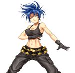  bandolier black_gloves blue_eyes blue_hair breasts cleavage crop_top earrings explosive fighting_stance gloves grenade jewelry large_breasts leona_heidern long_hair midriff navel pants ponytail shunzou solo tank_top the_king_of_fighters toned 
