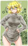  alternate_costume bespectacled blonde_hair bottomless breasts fingernails glasses green_eyes hands_on_hips highres long_fingernails medium_breasts mizuhashi_parsee naked_sweater no_pants ootsuki_wataru pointy_ears ribbed_sweater sharp_fingernails short_hair solo sweater touhou 