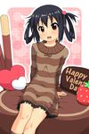  alternate_costume alternate_hairstyle black_hair blush brown_dress brown_eyes chocolate dress food fruit hair_rings happy_valentine heart highres k-on! k10k long_hair nakano_azusa open_mouth sitting solo strawberry twintails valentine 