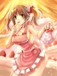  apron bare_shoulders breasts brown_hair cleavage edobox food fruit gift gift_bag hair_ornament idolmaster idolmaster_cinderella_girls large_breasts licking naked_apron pink_apron short_hair sideboob solo strawberry tongue tongue_out totoki_airi twintails valentine yellow_eyes 