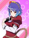  blue_hair blush box dress gift gift_box h-new hair_ornament mirror red_dress red_eyes rope short_hair slit_pupils smile solo touhou valentine wrist_grab yasaka_kanako 