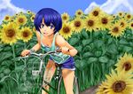  ano_natsu_de_matteru bare_legs basket bicycle bicycle_basket blue_eyes blue_hair cloud collarbone cutoffs day denim denim_shorts downblouse field flower flower_field ground_vehicle leaf leaning_forward outdoors path rabbit_earl riding road short_hair short_shorts shorts sky sunflower tanigawa_kanna tank_top vest 