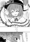  blanket blush clock closed_eyes comic door dreaming frills greyscale hat monochrome nagae_iku one-eyed smile touhou translated trash_bag tsukimi_(ryouiki_ridatsu) 