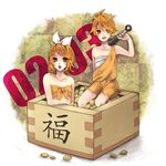  1girl bad_id bad_pixiv_id bandeau bare_shoulders blonde_hair brother_and_sister brown_background collarbone green_eyes hair_ornament hair_ribbon hairclip highres horns in_container kagamine_len kagamine_rin petarou ribbon short_hair shorts siblings smile twins vocaloid 