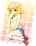  ao+beni blonde_hair brown_eyes cardigan hairband kise_yayoi kneehighs nanairogaoka_middle_school_uniform precure school_uniform short_hair skirt smile_precure! solo white_hairband 