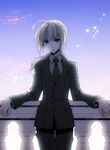  ahoge artoria_pendragon_(all) ashi blonde_hair blue_eyes fate/zero fate_(series) formal long_hair necktie pant_suit ponytail railing saber solo suit 