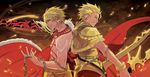  archer_(fate/prototype) back-to-back blonde_hair cape capelet chain dual_persona ea_(fate/stay_night) earrings fate/hollow_ataraxia fate/prototype fate/stay_night fate_(series) gilgamesh jewelry male_focus multiple_boys red_eyes shirtless shokill sword tattoo weapon 