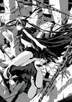  bikini_top black_rock_shooter black_rock_shooter_(character) boots chain gloves highres hood hoodie katana kurenai_karasu long_hair monochrome short_shorts shorts solo sword twintails weapon 