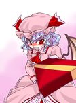  ascot bat_wings blue_hair blush bow dress embarrassed fang gift hat kisaragi_ryou_(sougetsu-tei) open_mouth red_eyes remilia_scarlet short_hair slit_pupils solo touhou tsundere valentine wings 