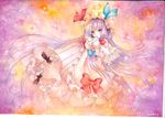  blush crescent dress floating frills hat long_hair mary_janes mosho patchouli_knowledge purple_eyes purple_hair ribbon shoes signature solo touhou traditional_media watercolor_(medium) 