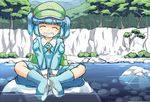  ^_^ backpack bag blue_hair boots butterfly_sitting cliff closed_eyes grin hair_bobbles hair_ornament hat kawashiro_nitori key monosenbei open_mouth river rock rubber_boots short_hair sitting skirt smile solo touhou tree two_side_up v_arms water 