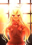  backlighting blonde_hair blush box crossed_arms gift gift_box heart long_hair pleated_skirt red_eyes skirt solo sunset sweater touhou valentine window yakumo_yukari yube_(skyhacker) 