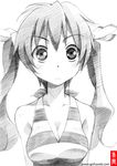  bare_shoulders blush breasts cleavage gofu greyscale mayo_chiki! medium_breasts monochrome sketch solo spot_color striped striped_swimsuit swimsuit traditional_media twintails usami_masamune 