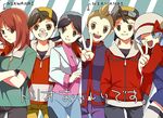  4boys bandaid bangs bike_shorts cosplay costume_switch crystal_(pokemon) crystal_(pokemon)_(cosplay) dual_persona earrings gold_(pokemon) gold_(pokemon)_(cosplay) jewelry jun'ichi_(pokemon) jun'ichi_(pokemon)_(cosplay) kenta_(pokemon) marina_(pokemon) marina_(pokemon)_(cosplay) multiple_boys multiple_girls nakoromo pokemon pokemon_(anime) pokemon_special ribbon silver_(pokemon) silver_(pokemon)_(cosplay) smile star star_earrings twintails v 