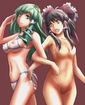  ao_usagi art_brush black_hair bodypaint bow breasts casual_one-piece_swimsuit commentary frog green_eyes green_hair hair_bow hair_ornament hair_tubes hakurei_reimu kochiya_sanae locked_arms medium_breasts multiple_girls naked_paint nipples nude one-piece_swimsuit paintbrush painted_clothes ponytail pubic_hair salute smile snake swimsuit touhou 