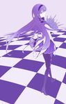  akemi_homura bouquet checkered checkered_floor enseisong flower from_behind glasses hairband high_heels holding holding_eyewear long_hair looking_back magical_girl mahou_shoujo_madoka_magica monochrome pantyhose parted_lips purple shield shoes solo 