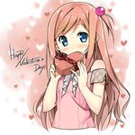  bare_shoulders blue_eyes blush bow box casual covering_mouth gift hair_bobbles hair_ornament hands happy_valentine heart heart-shaped_box kantoku_(style) kudou_naka long_hair looking_at_viewer one_side_up original pink_hair ribbon sky_(freedom) solo upper_body valentine 