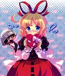  amo apron blonde_hair blue_eyes blush bowl box closed_eyes doll fairy_wings food food_on_face food_on_head hair_ribbon heart heart-shaped_box highres medicine_melancholy object_on_head ribbon shirt short_hair skirt smile solo su-san touhou valentine wings 