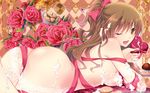  ;d akino_subaru argyle argyle_background ass bow breast_press breasts brown_eyes brown_hair candy cookie flower food hair_bow haruhino_misaki heart highres holding hotchkiss large_breasts long_hair looking_at_viewer lying naked_ribbon nude on_stomach one_eye_closed open_mouth red_flower red_rose ribbon rose side_ponytail smile solo suggestive_fluid valentine wallpaper whipped_cream 