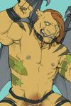  claws collar dwalker ear_piercing facial_piercing gargoyles green_eyes leash lip_piercing male nipple_piercing nipples piercing presenting solo stripes tattoo thewielder wings 