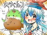  :3 blue_hair blush chibi chocolate eating ex-keine hat horn_ribbon horns kamishirasawa_keine kamishirasawa_keine_(hakutaku) long_hair open_mouth rebecca_(keinelove) ribbon solid_circle_eyes solo sukusuku_hakutaku touhou 