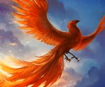  beak bird cloud clouds fantasy feral flying glowing phoenix red red_feathers sandara sky solo talons wings 
