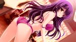  ass blush bra breasts dutch_angle game_cg large_breasts lingerie long_hair looking_back master_x_remaster ninoko panties purple_bra purple_hair purple_panties red_eyes shingyouji_saeka underwear underwear_only 