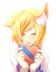  :p animal_ears blonde_hair dearmybrothers face fox_ears gift hands heart highres looking_at_viewer no_hat no_headwear short_hair simple_background smile solo tongue tongue_out touhou upper_body valentine white_background yakumo_ran yellow_eyes 