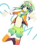  boots character_name goggles goggles_on_head green_eyes green_hair grin gumi headphones jacket looking_at_viewer megpoid_(vocaloid3) midriff navel outstretched_arms short_hair shorts simple_background smile solo soranagi spread_arms suspenders thigh_boots thighhighs vocaloid 
