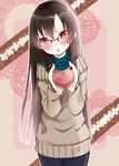  1girl :o bad_id bad_pixiv_id black_hair blush box glasses hadi_girl heart-shaped_box kagura_sae long_hair miyabi_akino red_eyes solo sweater valentine 