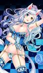  animal_ears arm_up armlet armpits bad_id bad_pixiv_id blue blue_eyes blue_panties bow braid breasts cat_ears checkered checkered_floor cleavage collar corset groin hair_bow heterochromia large_breasts long_hair looking_at_viewer lying matsurika_youko nail_polish navel on_back on_floor open_mouth original panties ribbon shiny shiny_skin silver_hair solo thighhighs twin_braids underwear yarn yarn_ball yellow_eyes 