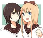  bad_id bad_pixiv_id blonde_hair blue_eyes bow brown_eyes funami_yui hair_bow long_hair multiple_girls nanamori_school_uniform open_mouth sao_(0060) school_uniform serafuku short_hair smile thumbs_up toshinou_kyouko yuru_yuri 