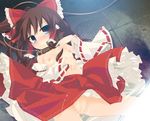  blush bow breasts brown_eyes brown_hair collar detached_sleeves hair_bow hair_tubes hakurei_reimu hand_in_hair leash lying nipples no_panties on_back ponytail pussy skirt small_breasts solo topless tororo touhou upskirt 