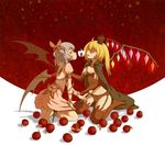  apple bad_apple!! bad_id bad_pixiv_id barefoot bat_wings black_legwear blonde_hair blue_hair breasts cape cleavage crown cuffs detached_sleeves dress flandre_scarlet food fruit garter_straps kneeling looking_at_viewer medium_breasts multiple_girls red_eyes remilia_scarlet shackles short_hair siblings side_ponytail sisters sitting thighhighs tongue touhou vinhnyu wariza wings zipper 