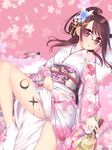  arima_senne body_writing brown_hair floral_print flower glasses hagoita hair_flower hair_ornament hanetsuki highres japanese_clothes kashiwamochi_yomogi kimono long_hair obi original paddle ponytail red_eyes sash solo tabi 