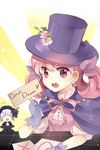 bangs blunt_bangs bonnet brooch cape closed_eyes crescent_conundrum dandel22 earrings flower frills gloves hands_clasped hat holding jewelry lowres multiple_girls open_mouth own_hands_together pink_eyes pink_hair ribbon sign smile sword_girls teeth top_hat white_hair 