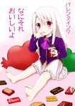  barefoot blush child chocolate dress fate/zero fate_(series) feet finger_in_mouth food food_on_face gradient gradient_background heart heart_pillow illyasviel_von_einzbern long_hair looking_at_viewer pillow pink_background red_eyes shimazaki_mujirushi sitting soles solo translation_request valentine white_hair younger 