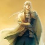  amputee armor bedivere blonde_hair blood blue_eyes cape fate/stay_night fate_(series) green_eyes injury kanmuri_(hanyifan30338) long_hair male_focus sheath sheathed solo sword twintails weapon yellow_background 