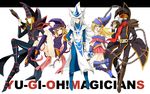  3girls bare_shoulders blonde_hair blue_footwear boots chain dark_magician dark_magician_girl duel_monster gagaga_girl gagaga_magician hair_between_eyes hand_in_pocket hat long_hair multiple_boys multiple_girls nb open_mouth shoulder_pads silent_magician silver_hair staff wand witch_hat wizard wizard_hat yuu-gi-ou yuu-gi-ou_zexal 