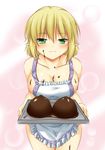  :3 apron bare_shoulders blonde_hair breasts chocolate cleavage green_eyes hoshizuki_(seigetsu) jpeg_artifacts large_breasts messy mizuhashi_parsee naked_apron nipples pointy_ears smile solo touhou tray 