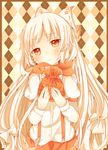  argyle argyle_background bag blush bow frame fujiwara_no_mokou gift hair_bow hair_ribbon head_tilt holding_up long_hair orange_scarf pants red_eyes ribbon scarf shirt silver_hair solo suspenders toadstool_(natadekoko) touhou 