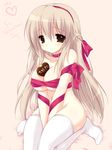  bad_id bad_pixiv_id bare_shoulders between_breasts blonde_hair bow breasts brown_eyes chocolate chocolate_heart collarbone emily_(pure_dream) hair_bow heart large_breasts long_hair navel original seiza sitting thighhighs v_arms valentine white_legwear 