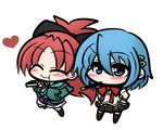  :t ^_^ blue_eyes blue_hair blush chibi closed_eyes eating food hair_ornament hair_ribbon hairclip hand_in_pocket hands_on_hips heart long_hair lowres mahou_shoujo_madoka_magica miki_sayaka multiple_girls pocky red_hair ribbon sakura_kyouko school_uniform short_hair short_shorts shorts yanagi_(nurikoboshi) 