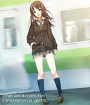  brown_hair bunkyo_takemi cardigan copyright_name earrings green_eyes ground_vehicle idolmaster idolmaster_cinderella_girls jewelry motion_blur necktie shibuya_rin skirt socks solo subway train 