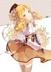  anmi beret blonde_hair detached_sleeves dotted_line drill_hair flower gun hair_ornament hat looking_at_viewer looking_back magical_girl magical_musket mahou_shoujo_madoka_magica ribbon rifle see-through skirt smile solo thighhighs tomoe_mami weapon yellow_eyes 