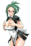  apron bare_legs blush breasts capelet cleavage cleavage_cutout dream_c_club dream_c_club_(series) glasses green_hair large_breasts mio_(dream_c_club) saturn-freak solo waitress 