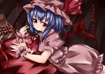  :&lt; ascot bat_wings blue_hair bow box brooch chocolate dress hat hat_bow izumi_yuuji_(trace_kouhosei) jewelry looking_at_viewer lying on_stomach red_eyes remilia_scarlet ribbon short_hair short_sleeves solo striped striped_background touhou translated wings wrist_cuffs 