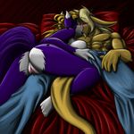  after_sex anthro astrofenn bed blanket blush butt couple duo female kangaroo kissing male mammal marsupial muscles pecs pussy pussy_juice tail 